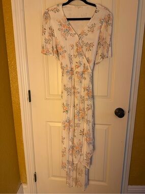 Floral Wrap Maxi Dress in Ivory and Peach